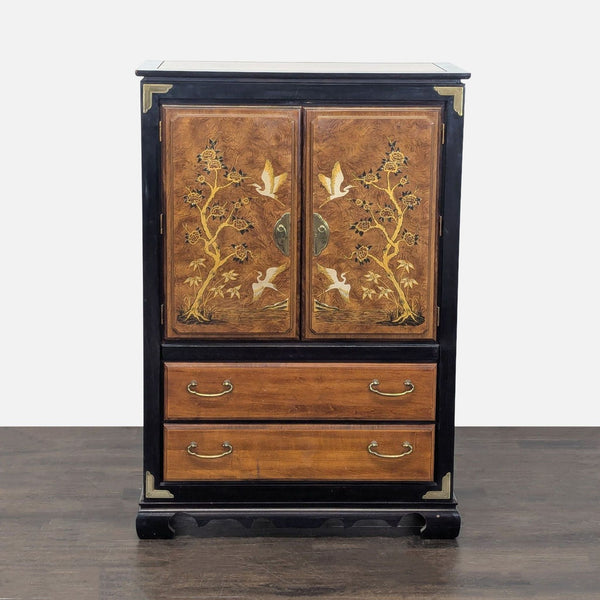 Cabinet with two drawers and two doors, decorated with inlaid cranes, flowers, and brass accents.  