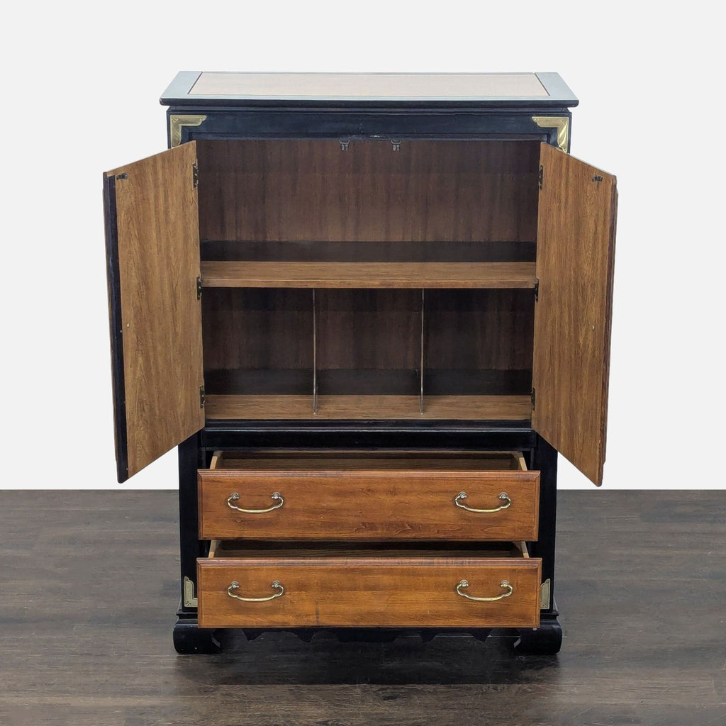 Ornate burl cabinet featuring crane and floral inlay designs, brass details, and dual drawers and doors.  