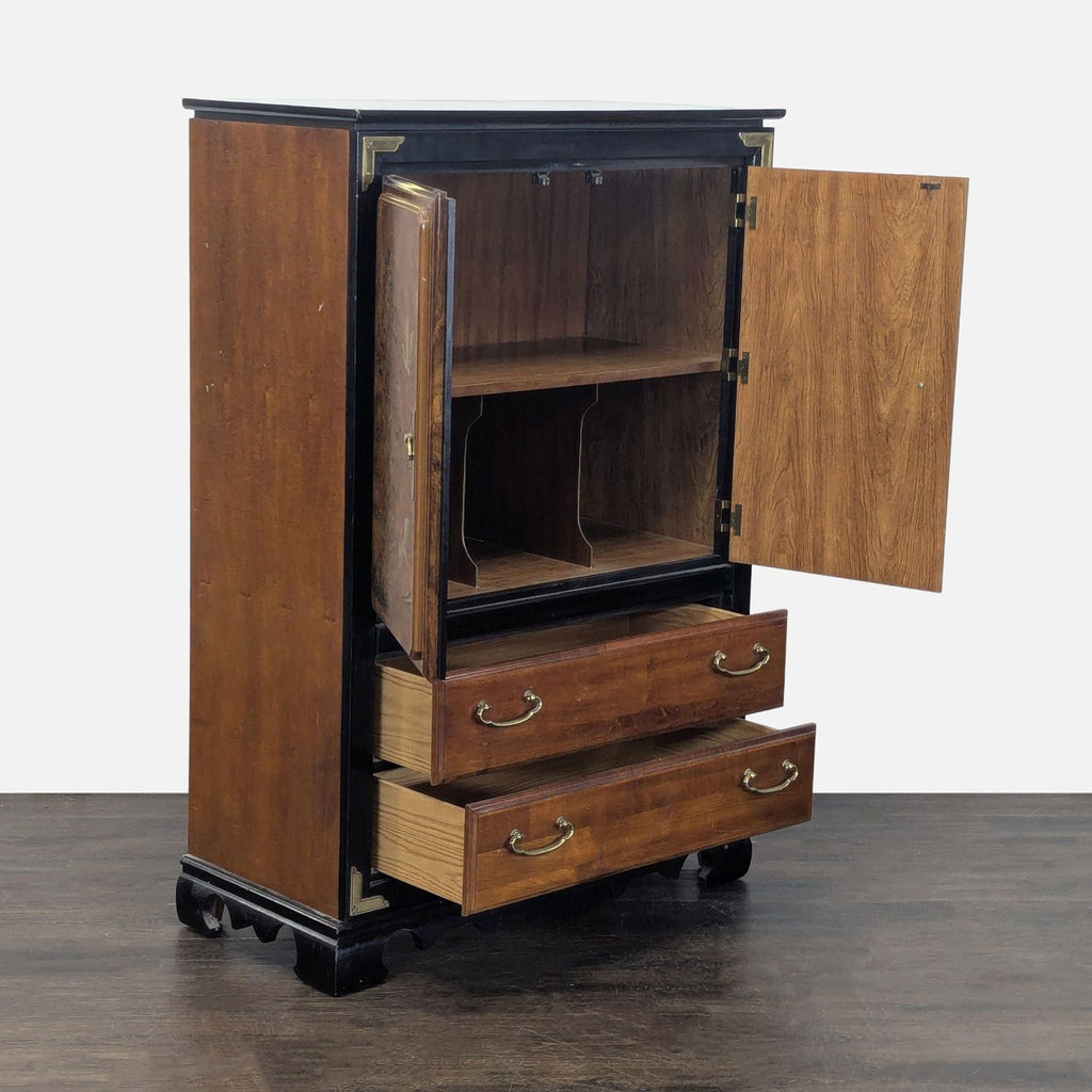 Elegant cabinet with two drawers, inlaid crane and flower motifs on doors, and decorative brass embellishments.