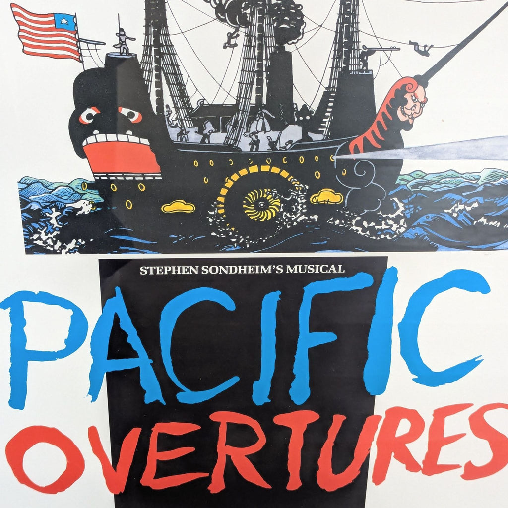 Colorful "Pacific Overtures" poster print in sleek frame, featuring stylized ship and vibrant musical design.  