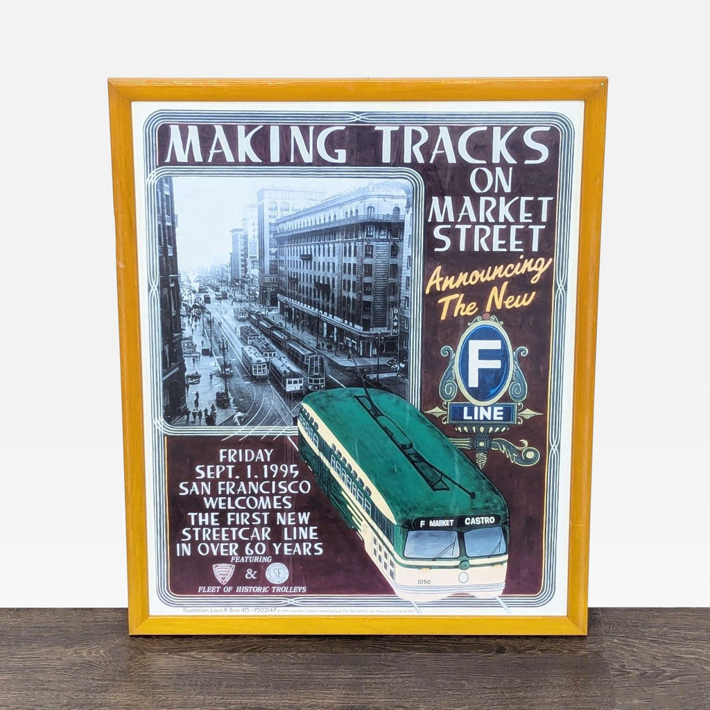 Framed print of San Francisco's F Market Street streetcar launch, featuring vintage artwork and city view.