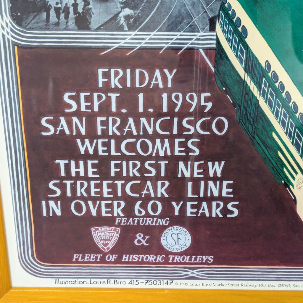 Vintage-style artwork of San Francisco's Market Street streetcar in a classic cityscape, framed for display.