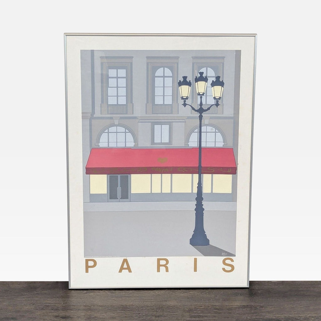 Framed art print of a Paris street scene with classic building, red awning, lamp post, and "PARIS" label.