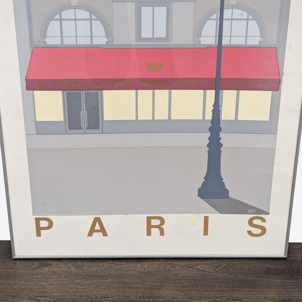 Charming Parisian street view art print featuring elegant buildings, a red awning, street lamp, and the word "PARIS".