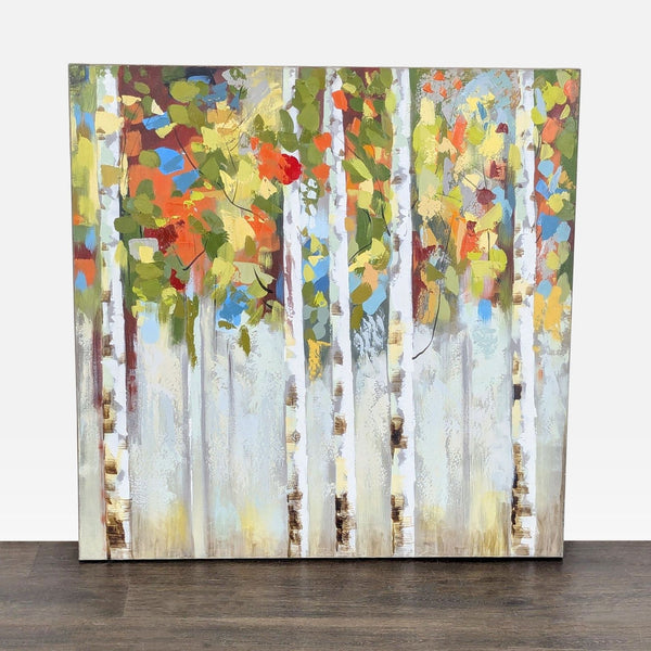 Colorful abstract birch tree forest canvas print, ready to hang, perfect for modern home décor.