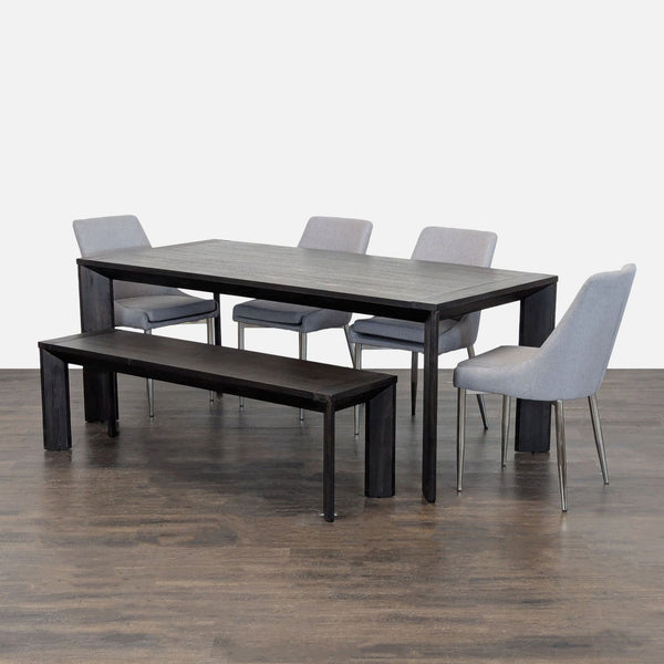 Living Spaces dining set with dark wood table, four grey chairs, and matching bench, perfect for family meals.
