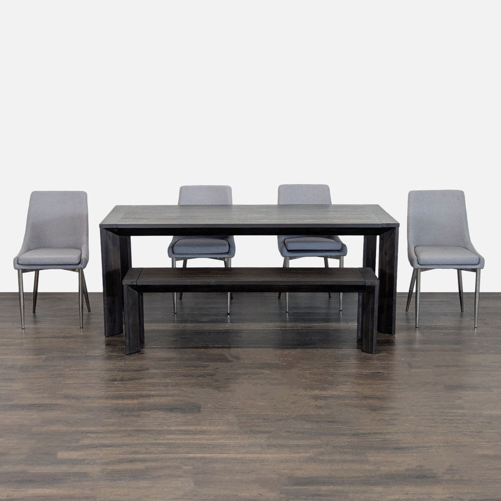 Modern Dining Set: Rectangular dark wood table, upholstered chairs, and bench; stylish and practical for gatherings.