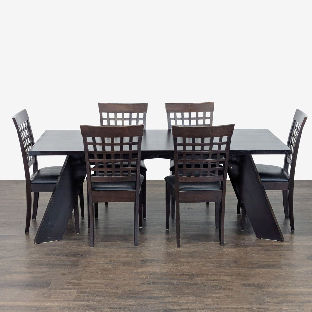 Modern dark wood dining set with six grid-back chairs and an angled-leg rectangular table, seating six people.