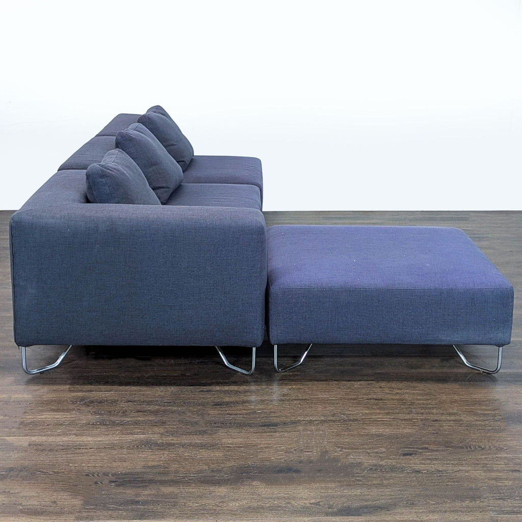 CB2 Modern Dark Blue Sectional Sofa with Chaise and Metal Legs