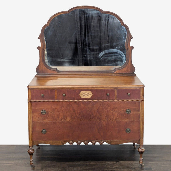 Antique Wooden Dresser with Mirror and Five Drawers