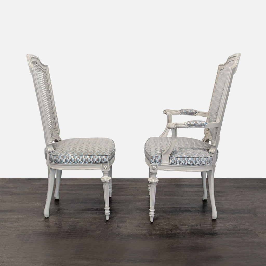Dining chair set includes four cane-back side chairs and two upholstered armchairs with carved frames.
