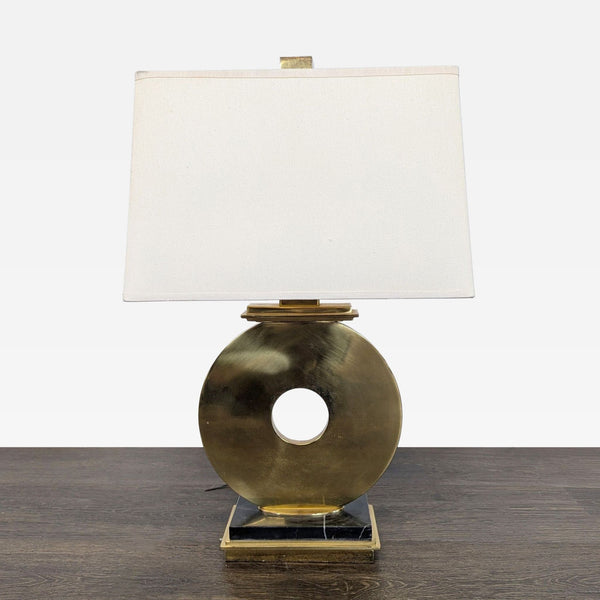 Gump's Modern Brass Circle Table Lamp with Rectangular Shade