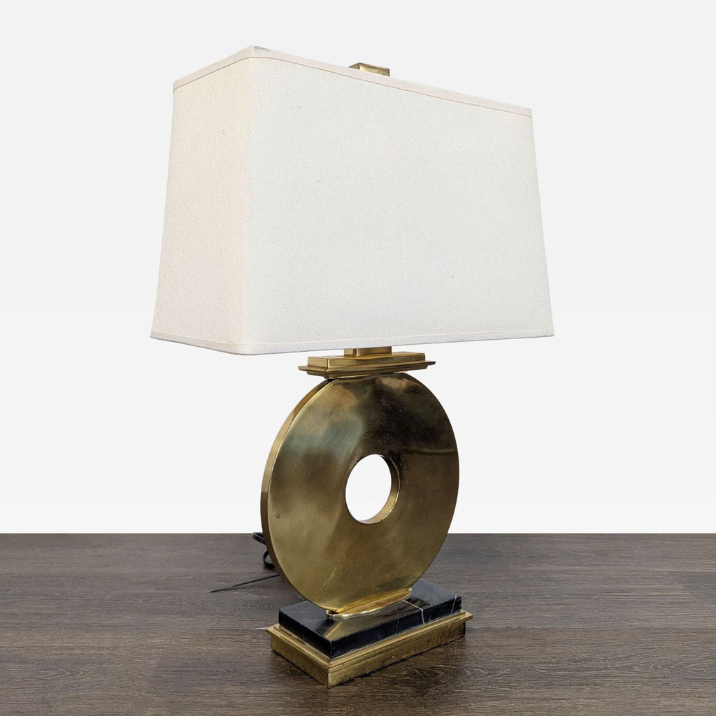 Gump's Modern Brass Circle Table Lamp with Rectangular Shade