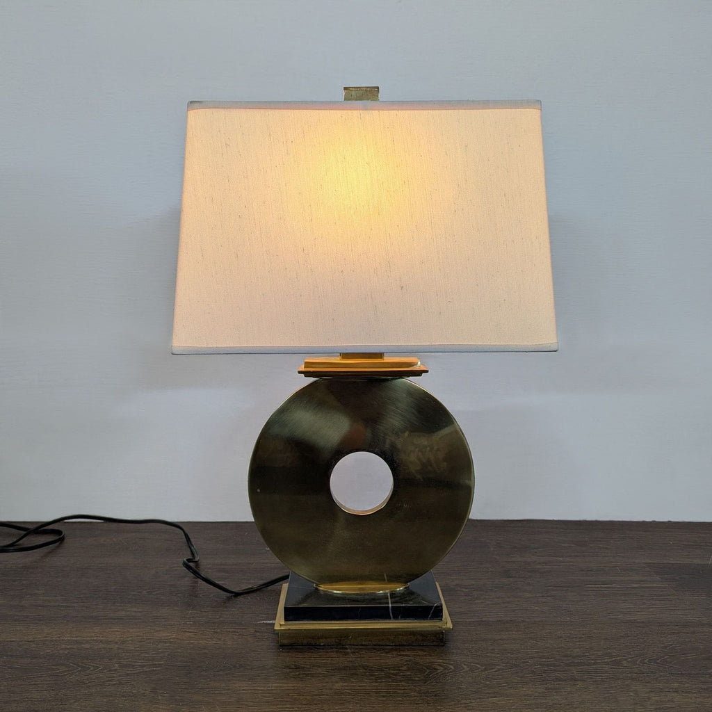 Gump's Modern Brass Circle Table Lamp with Rectangular Shade