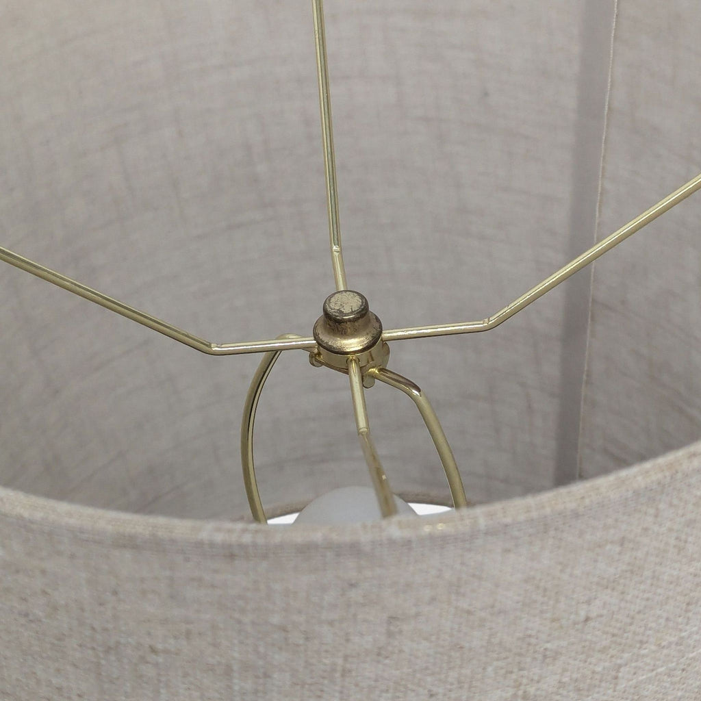 Modern Table Lamp with Beige Fabric Shade and Striped Pottery Base