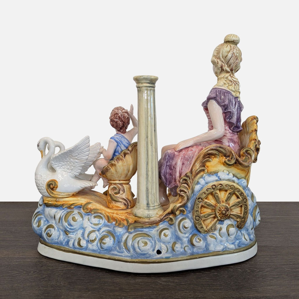 Capodimonte Porcelain Sculpture - Lady with Cherub and Swan Chariot