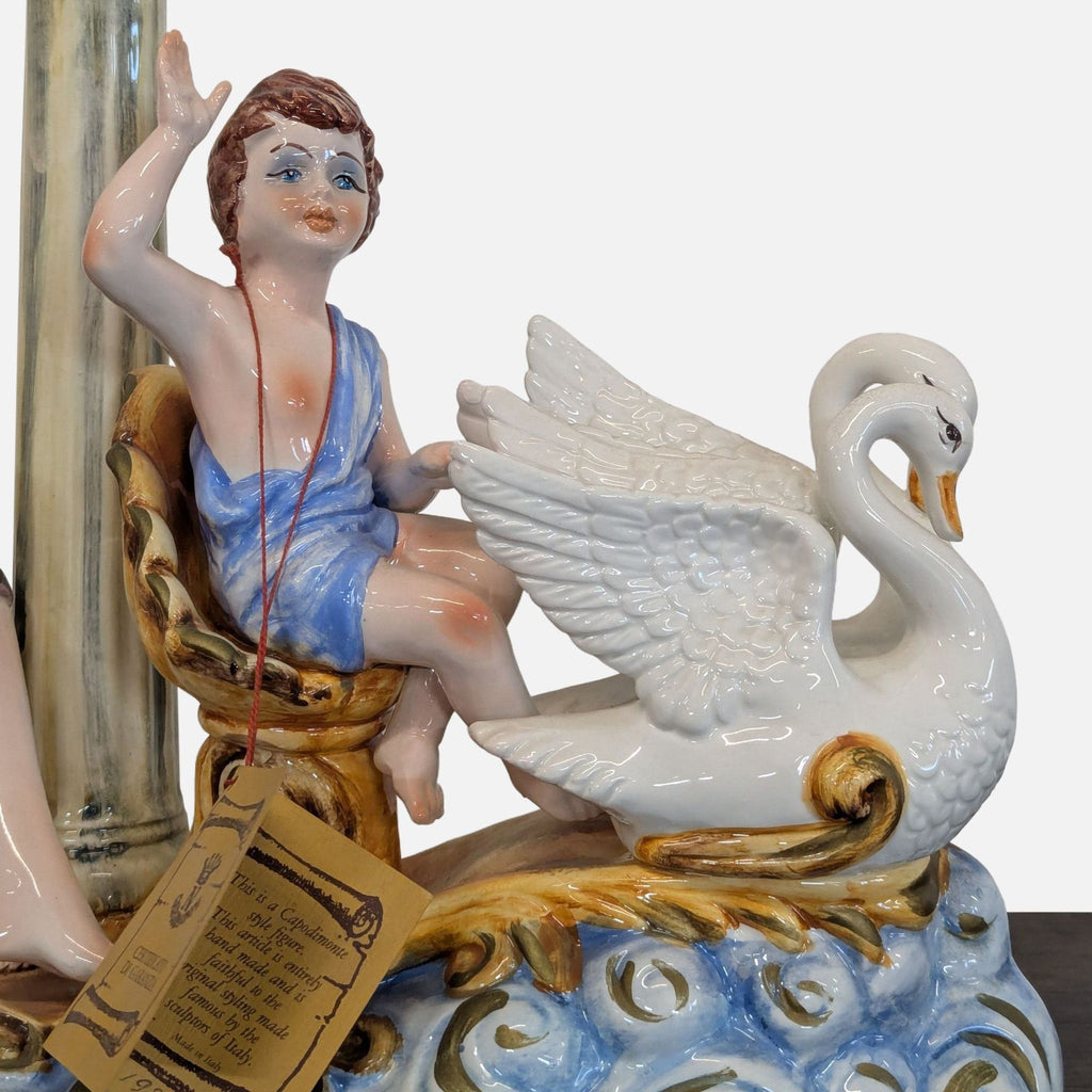 Capodimonte Porcelain Sculpture - Lady with Cherub and Swan Chariot