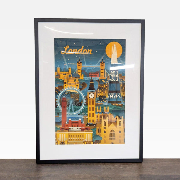 Colorful framed art print by Art.com shows London landmarks—Big Ben, London Eye, Tower Bridge, and The Shard.