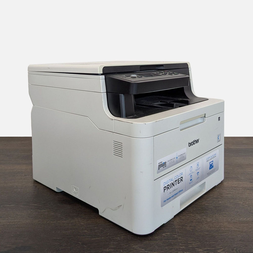 Brother digital color printer with scan and copy features, showing minor exterior marks, suitable for home or office use.  