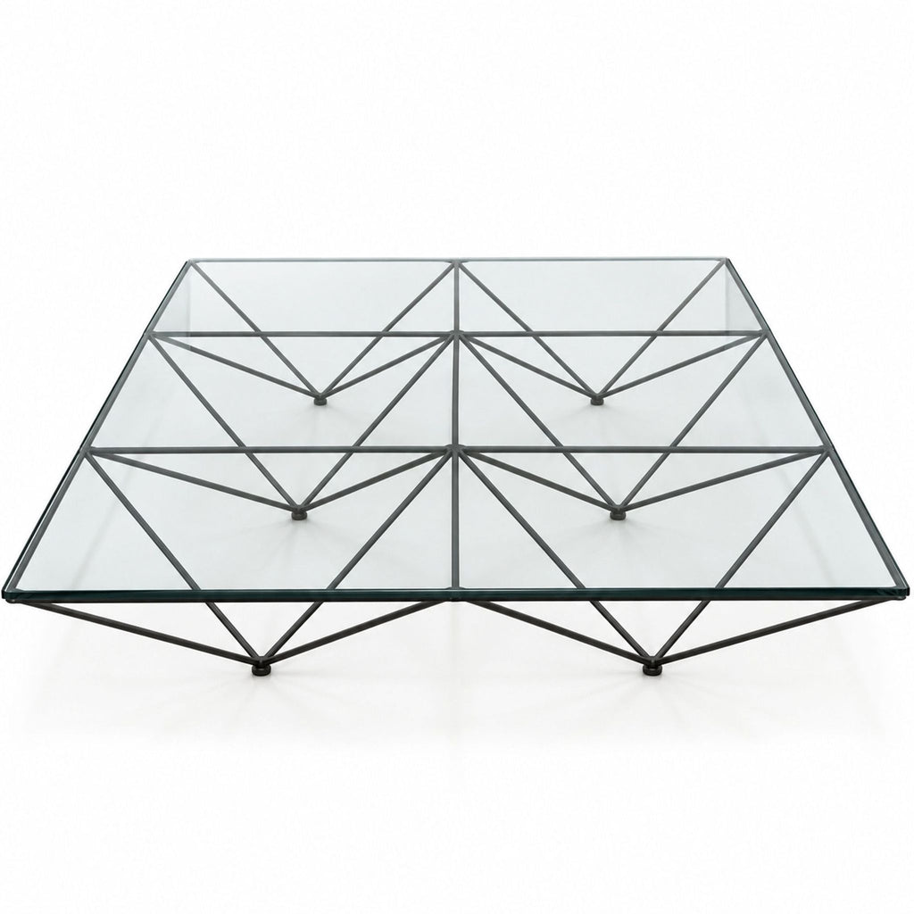 1980s Italian Alanda coffee table for B&B Italia, showcasing a striking geodetic black steel base and glass top.  