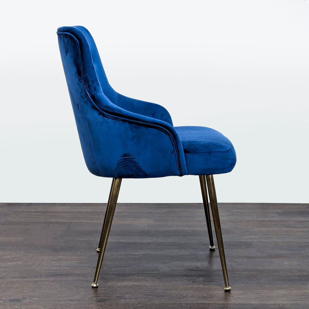 Blue Velvet Lounge Chair with Gold Metal Legs
