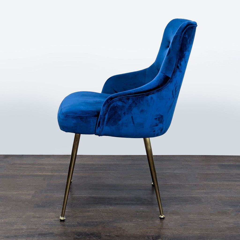 Blue Velvet Lounge Chair with Gold Metal Legs