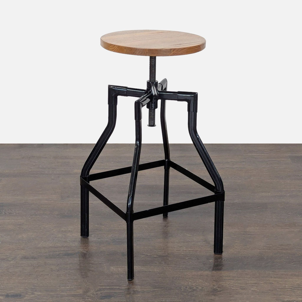 Versatile stool with a screw-lift wooden seat and metal frame, fits bars or modern rooms.