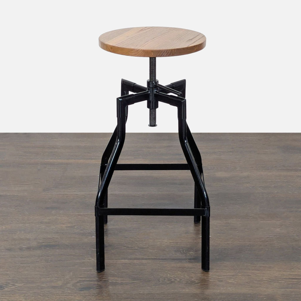 Solid wood seat stool with black adjustable metal base, ideal for kitchens or workspaces.