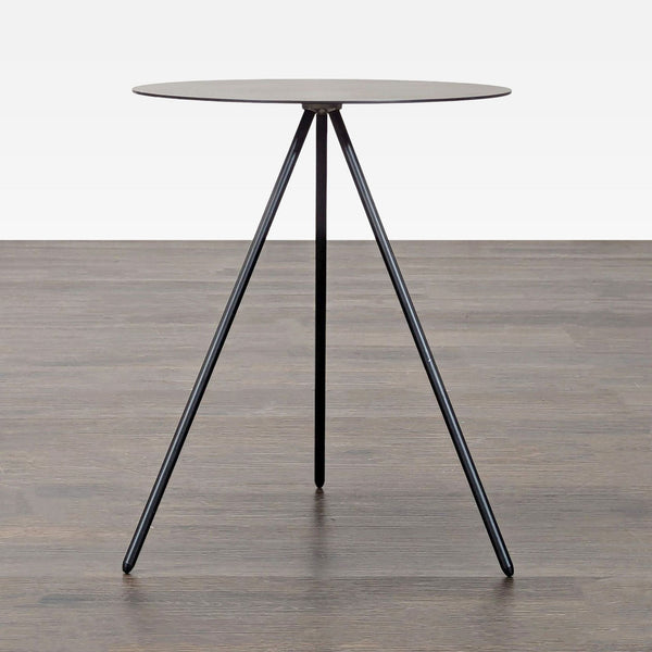 Modern EQ3 end table featuring a sheet metal top and a sleek stainless steel base.  