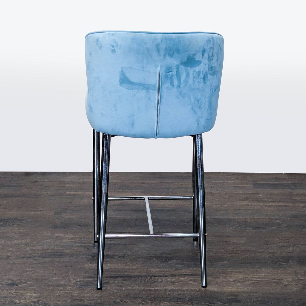 Modern Blue Velvet Bar Stool with Quilted Back and Chrome Legs