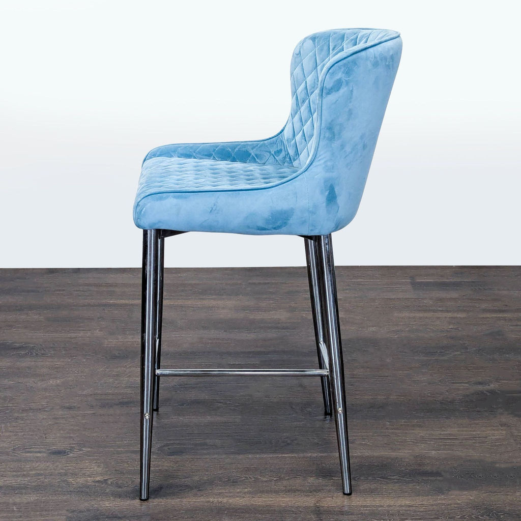 Modern Blue Velvet Bar Stool with Quilted Back and Chrome Legs