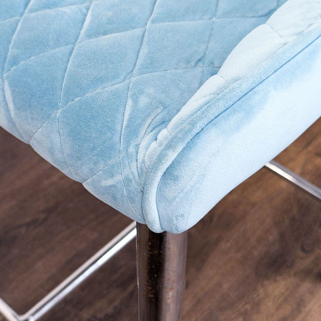 Modern Blue Velvet Bar Stool with Quilted Back and Chrome Legs