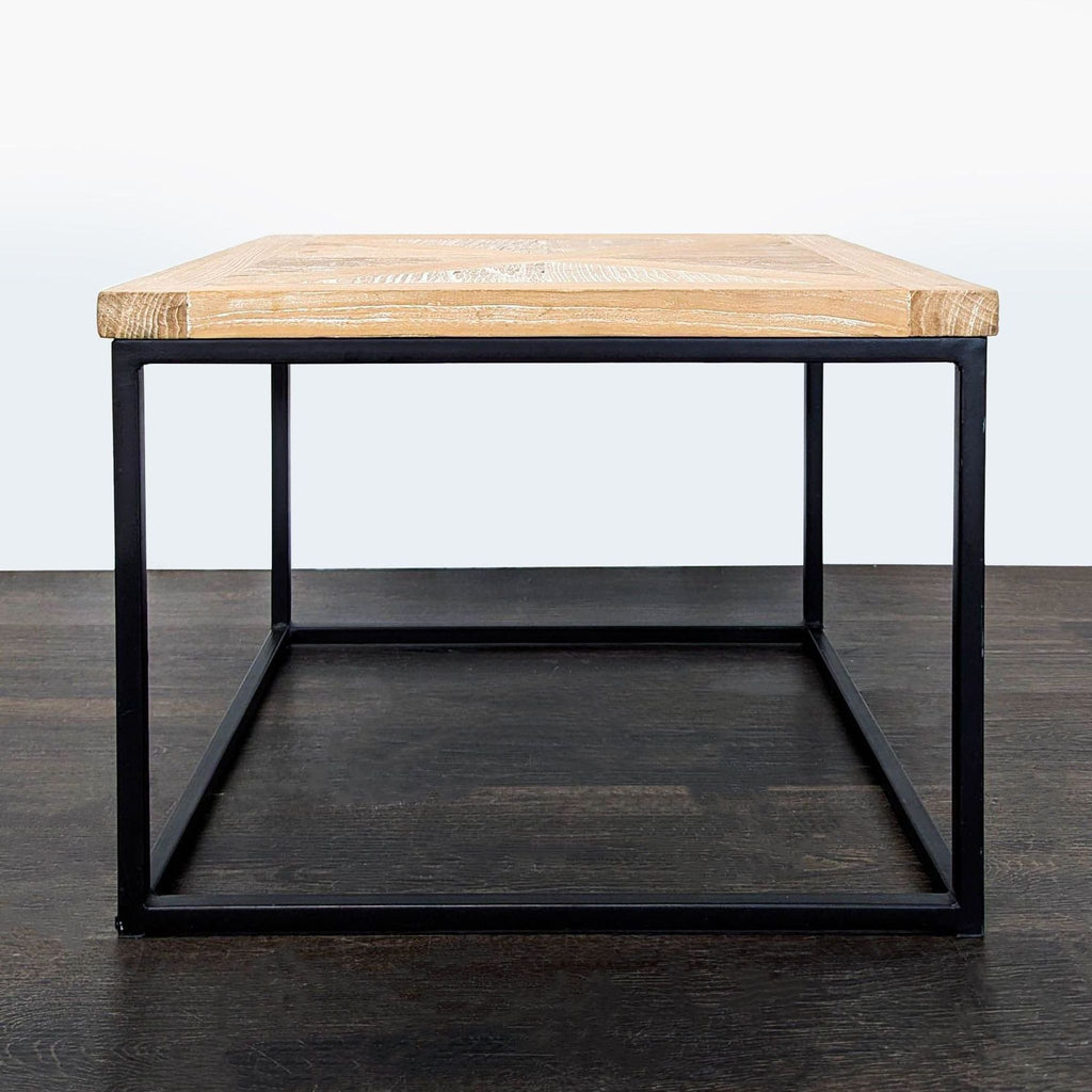 Parquet Wood Top Side Table on Metal Base