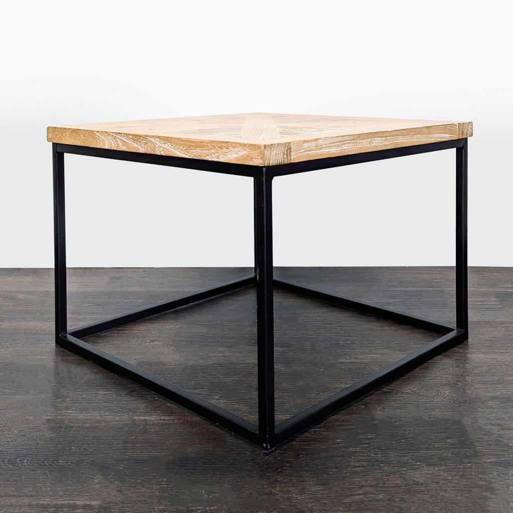 Parquet Wood Top Side Table on Metal Base