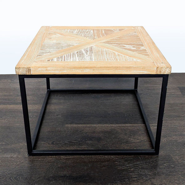 Parquet Wood Top Side Table on Metal Base