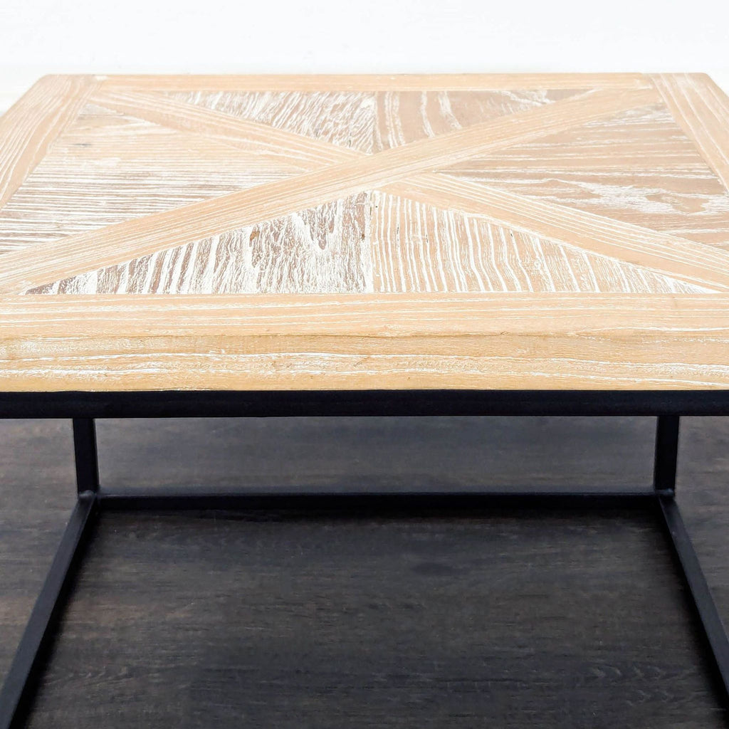 Parquet Wood Top Side Table on Metal Base
