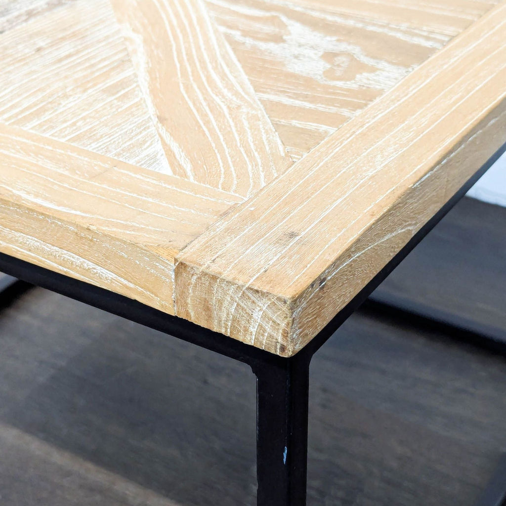 Parquet Wood Top Side Table on Metal Base