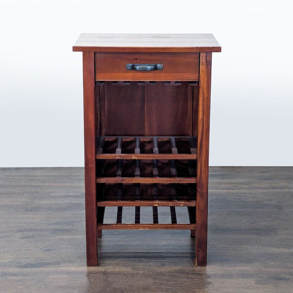 Polished solid wood cabinet with single top drawer, wine glass rack, and four slatted wine bottle shelves.