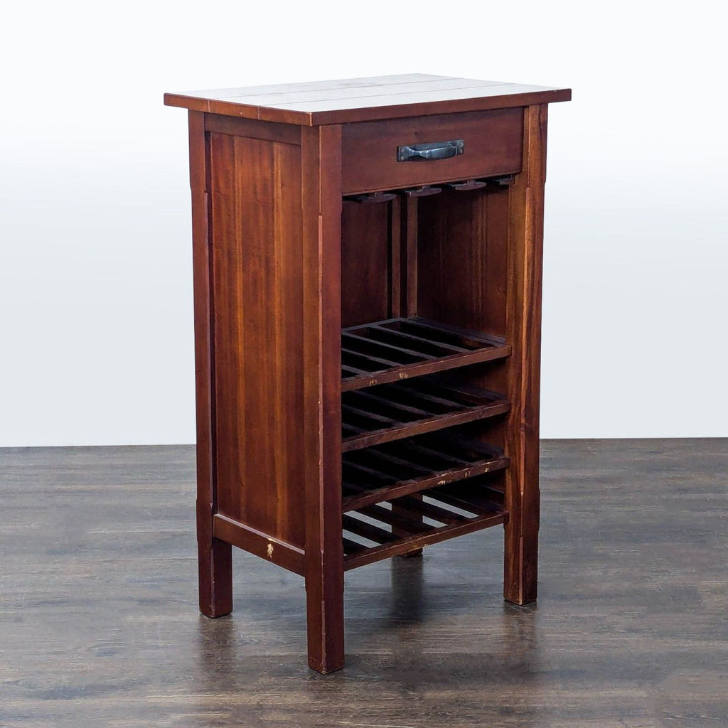 Solid wood cabinet with drawer, built-in wine glass rack, and four shelves for storing wine bottles horizontally.