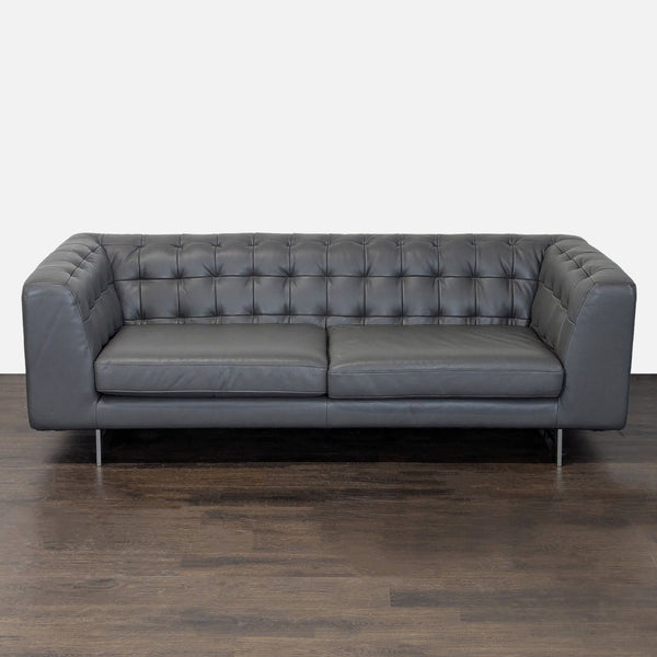 Jason Furniture dark gray 3-seat leather sofa with tufted back, modern style, and sturdy feet.