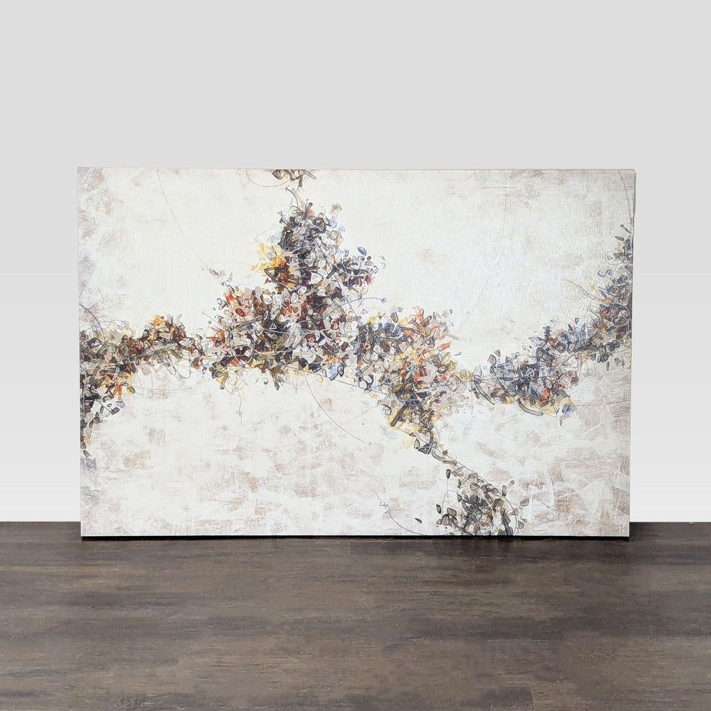 Abstract painting with bold earthy shapes, yellow accents, and blue highlights on a textured neutral background.