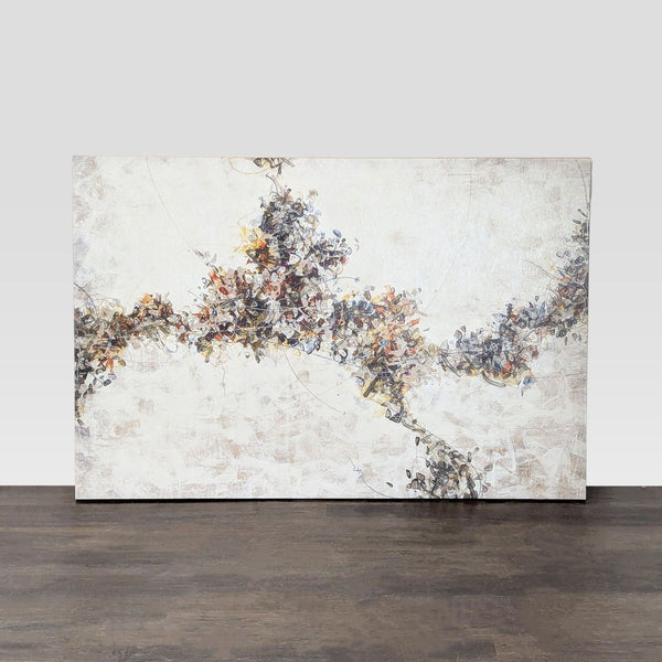 Abstract painting with textured shapes in earthy tones, yellow, brown, and blue, by Crate & Barrel.
