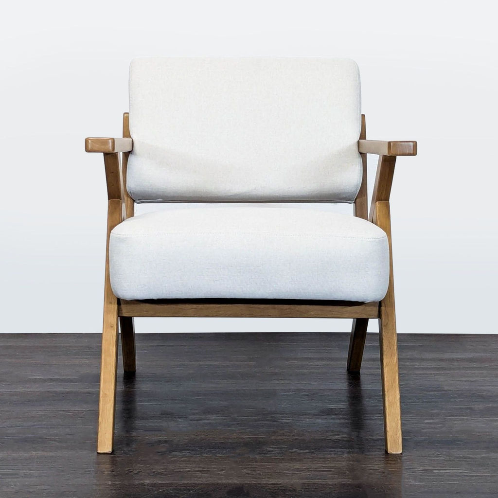 Modern lounge chair with light beige cushions and angled wooden armrests, from Anji Cozy Home Ltd.
