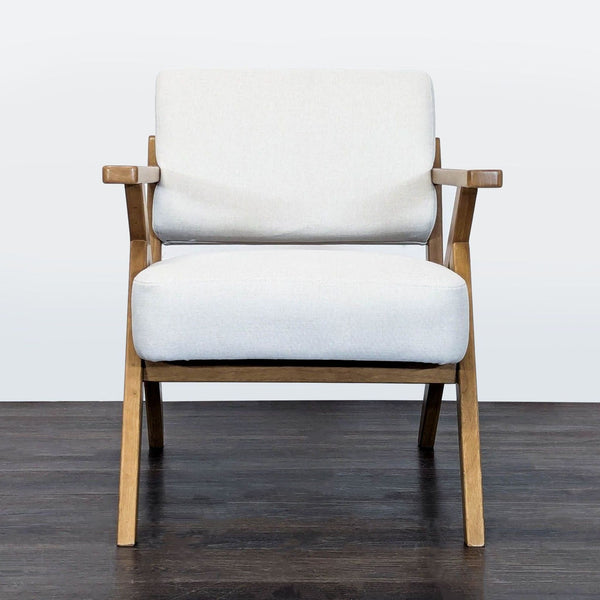 Modern lounge chair with light beige cushions and angled wooden armrests, from Anji Cozy Home Ltd.