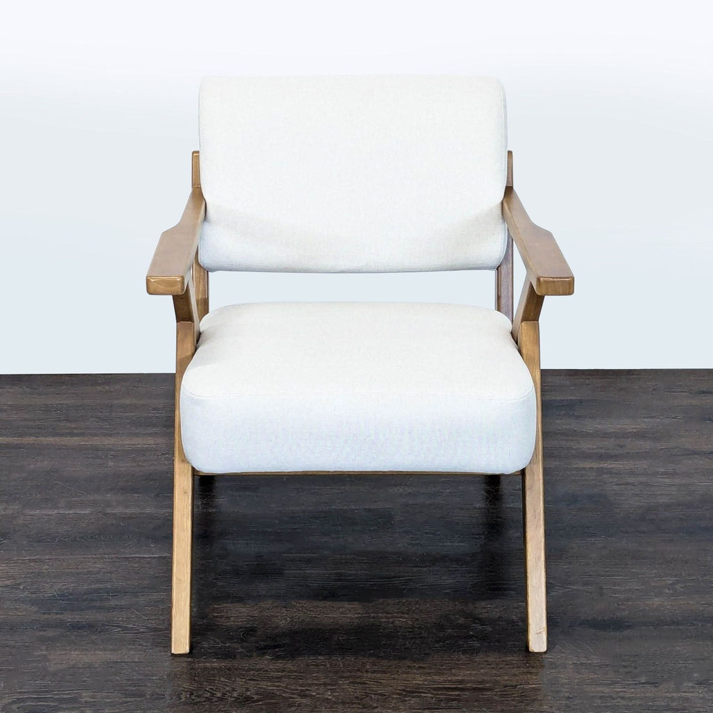 Light beige cushioned lounge chair with sleek wooden frame, suitable for relaxing in any room, by Anji Cozy Home Ltd.