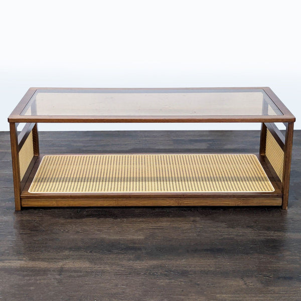 Mid-century glass top coffee table with walnut wood, rattan shelf, two-tier design, by Welnow.  