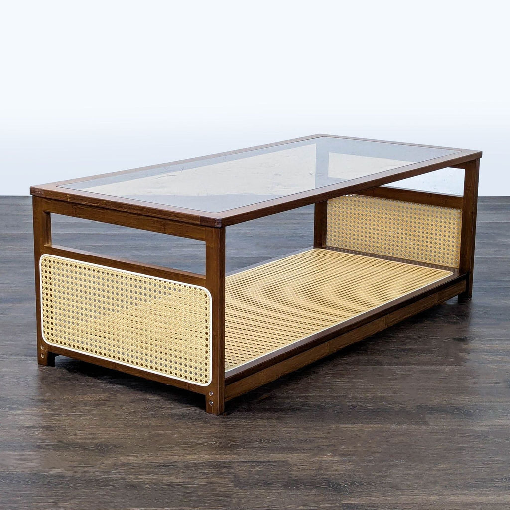 Welnow coffee table, featuring a glass surface, walnut frame, and lower rattan shelf in mid-century style.  