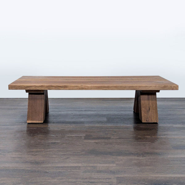 1. Rectangular Restoration Hardware coffee table with a minimalist design and light wood finish.  