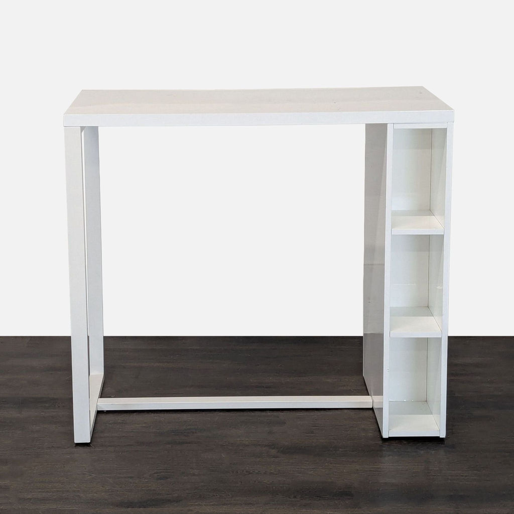 Modern white desk with three side shelves, ideal for organizing books and supplies in small spaces.