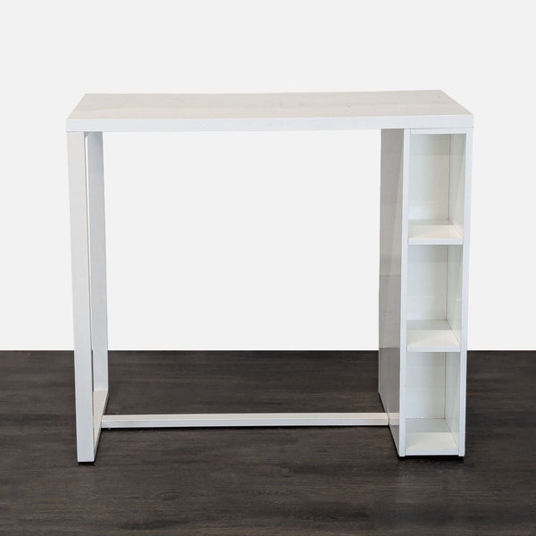 Modern white desk with three side shelves, ideal for organizing books and supplies in small spaces.